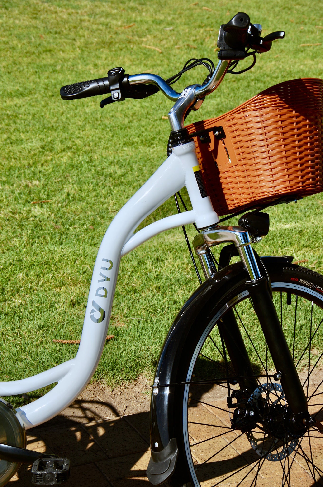 DYU white C6 Electric Bike front wheel on path with green lawn